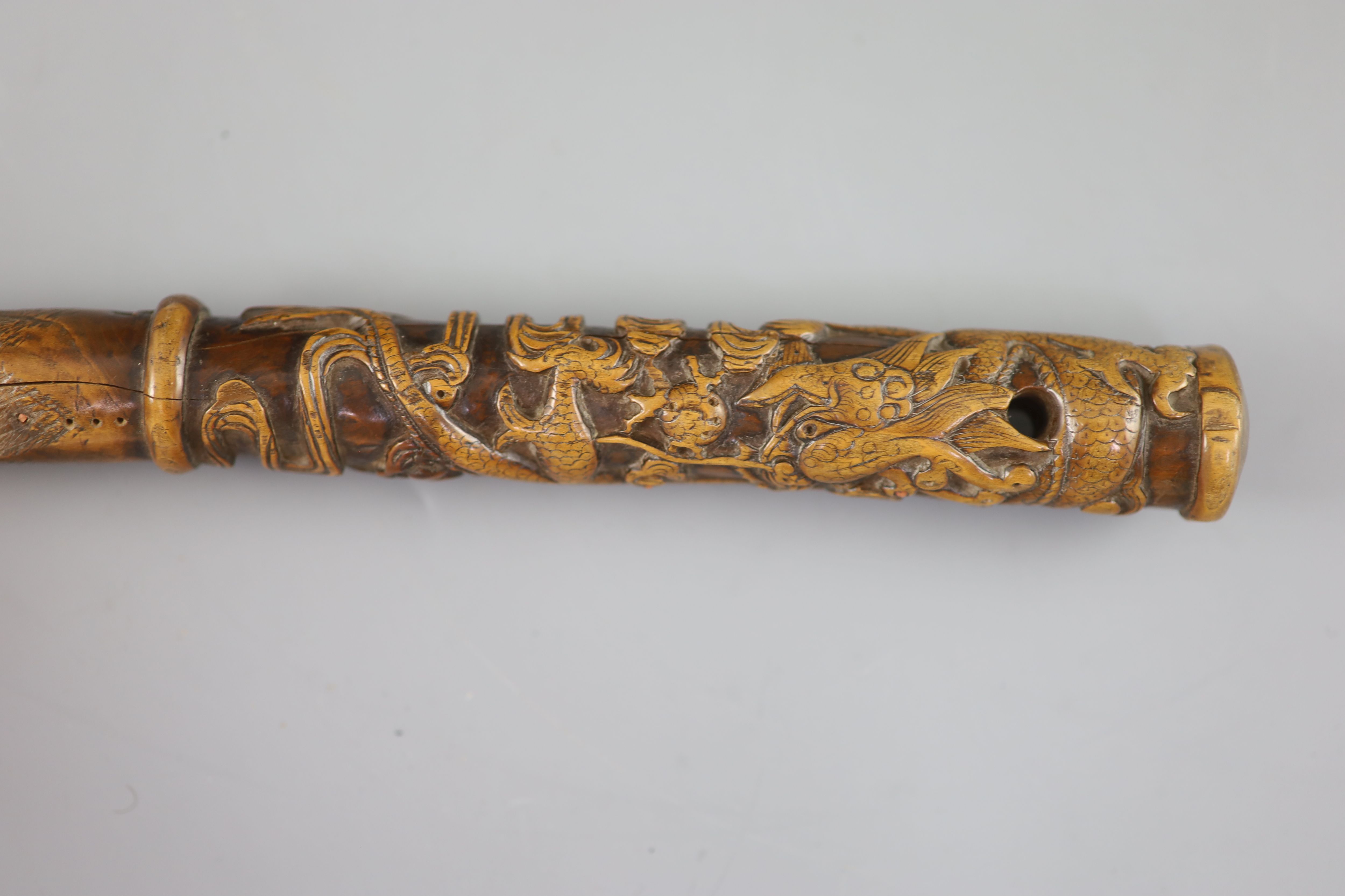 A Chinese hongmu model of a vase and a Chinese boxwood dragon handle, 18th century,